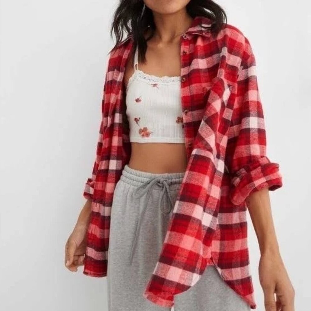 Aerie Red and Black Plaid Button Down Shirt